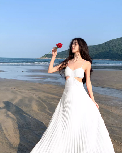 Charming White Pressed Pleat Spaghetti Strap Maxi Dress Coastal Trips Vogue Flowy Cutout Waist Long Dress AP1537