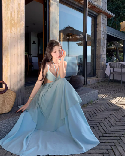 Ethereal Mint Green Spaghetti Strap Maxi Dress Coastal Trips Glamourous Flowy Cutout Waist Long Dress AP1538