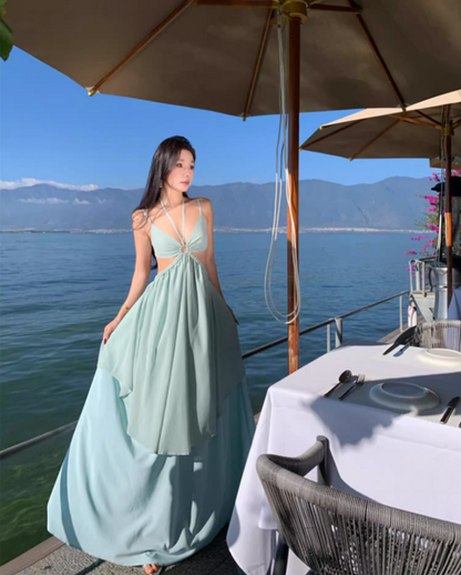 Ethereal Mint Green Spaghetti Strap Maxi Dress Coastal Trips Glamourous Flowy Cutout Waist Long Dress AP1538