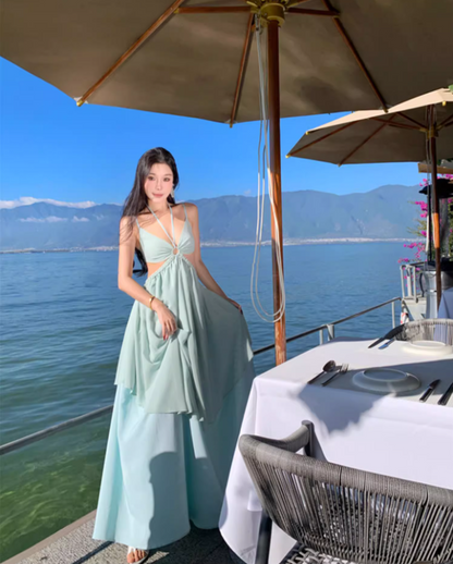 Ethereal Mint Green Spaghetti Strap Maxi Dress Coastal Trips Glamourous Flowy Cutout Waist Long Dress AP1538