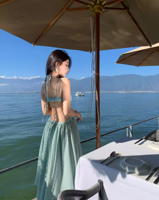 Ethereal Mint Green Spaghetti Strap Maxi Dress Coastal Trips Glamourous Flowy Cutout Waist Long Dress AP1538