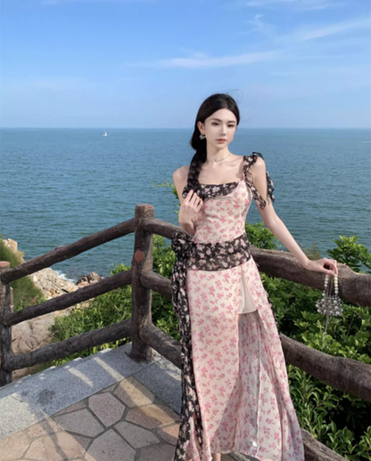 French-Inspired Pink Floral Print Spaghetti Strap Maxi Dress Chic High-Slit Flower Design Long Dress AP1539