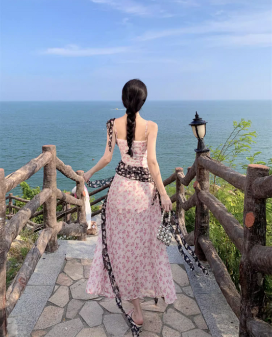French-Inspired Pink Floral Print Spaghetti Strap Maxi Dress Chic High-Slit Flower Design Long Dress AP1539