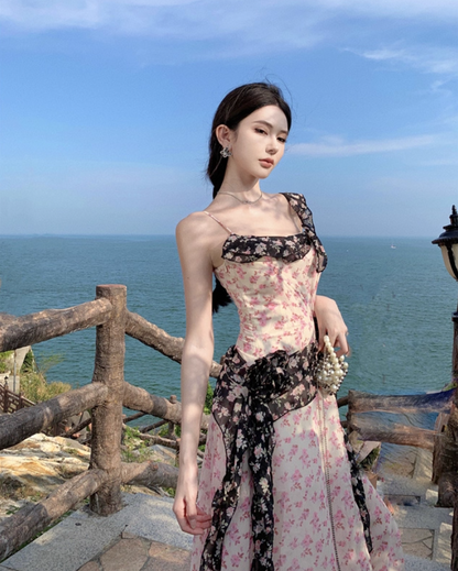 French-Inspired Pink Floral Print Spaghetti Strap Maxi Dress Chic High-Slit Flower Design Long Dress AP1539