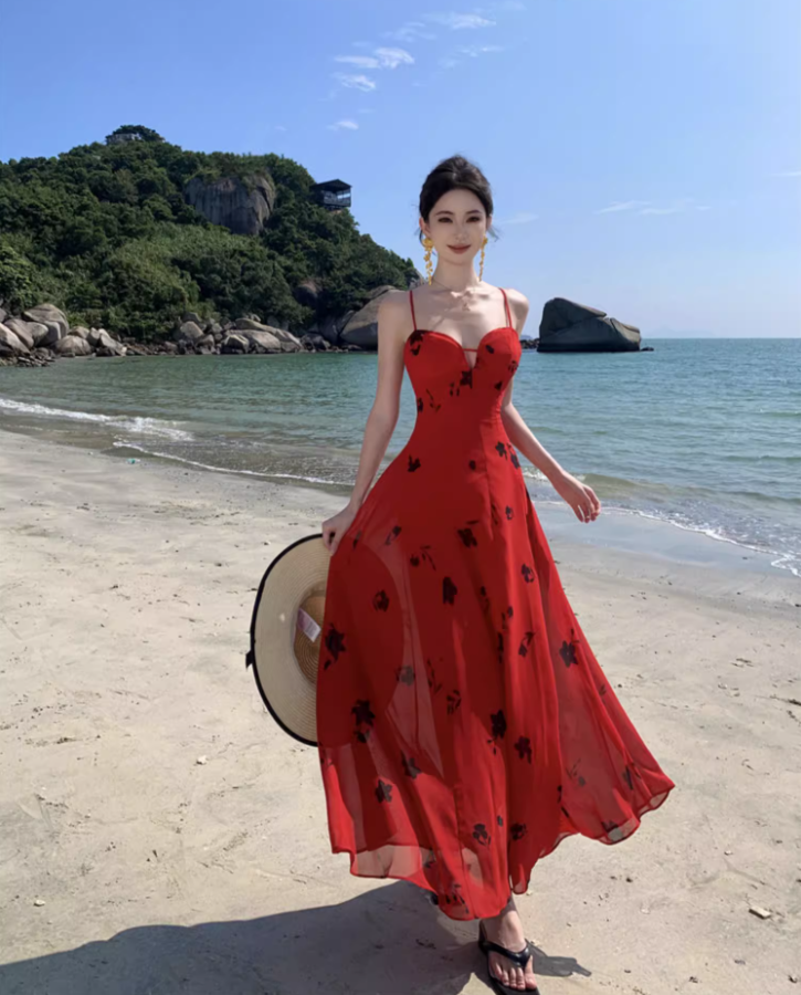 Alluring Floral Print Red Spaghetti Strap Maxi Dress Stylish Flowy Cinched-Waist Long Dress AP1540
