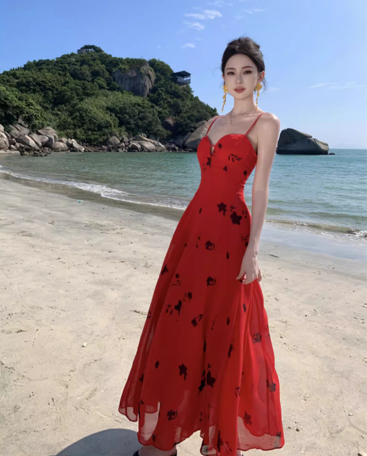 Alluring Floral Print Red Spaghetti Strap Maxi Dress Stylish Flowy Cinched-Waist Long Dress AP1540