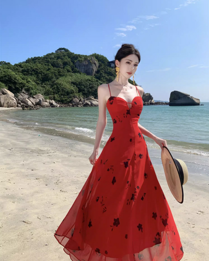 Alluring Floral Print Red Spaghetti Strap Maxi Dress Stylish Flowy Cinched-Waist Long Dress AP1540