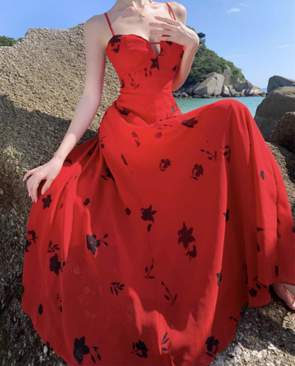 Alluring Floral Print Red Spaghetti Strap Maxi Dress Stylish Flowy Cinched-Waist Long Dress AP1540