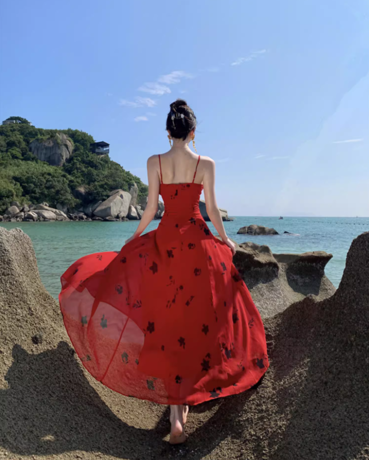 Alluring Floral Print Red Spaghetti Strap Maxi Dress Stylish Flowy Cinched-Waist Long Dress AP1540