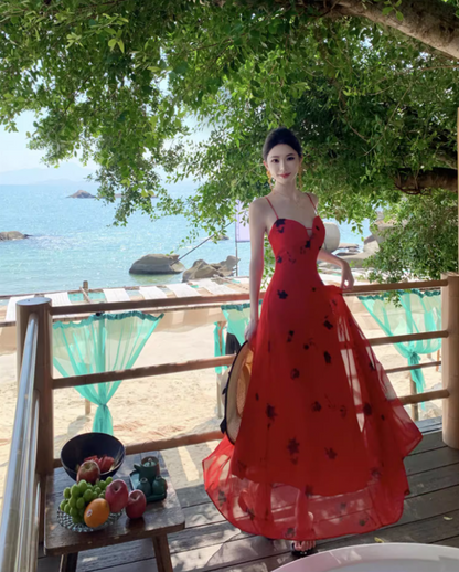 Alluring Floral Print Red Spaghetti Strap Maxi Dress Stylish Flowy Cinched-Waist Long Dress AP1540