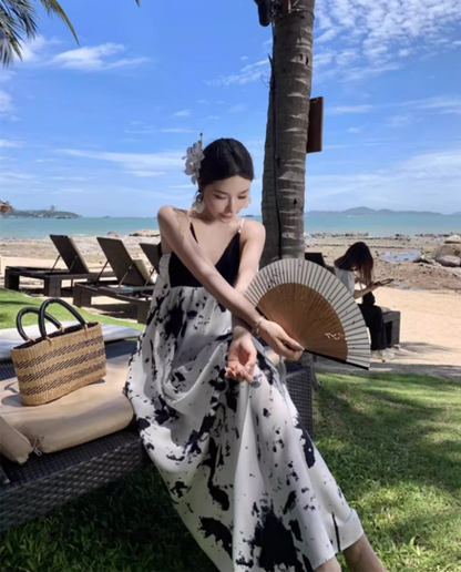 Vintage Ink-Print Spaghetti Strap Maxi Dress Chic Flowy Plunge V-Neck Open-Back Long Dress AP1541