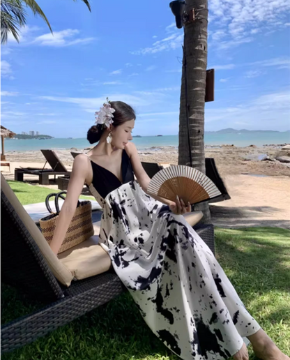 Vintage Ink-Print Spaghetti Strap Maxi Dress Chic Flowy Plunge V-Neck Open-Back Long Dress AP1541