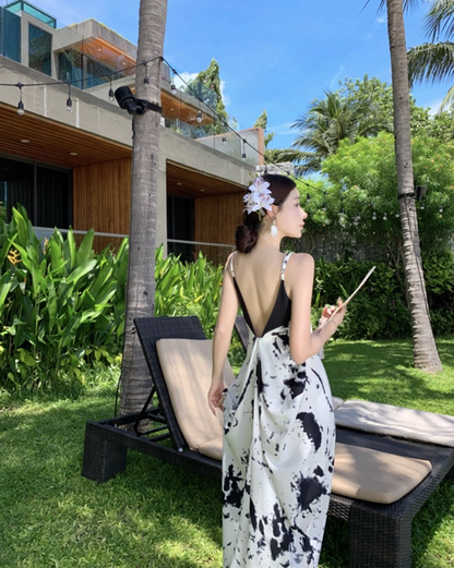 Vintage Ink-Print Spaghetti Strap Maxi Dress Chic Flowy Plunge V-Neck Open-Back Long Dress AP1541