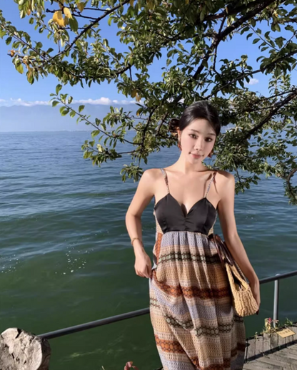 Boho-Inspired Spaghetti Strap Striped Maxi Dress Retro Flowy Plunge V-Neck Open-Back Long Dress AP1542