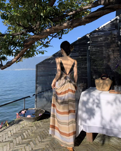 Boho-Inspired Spaghetti Strap Striped Maxi Dress Retro Flowy Plunge V-Neck Open-Back Long Dress AP1542