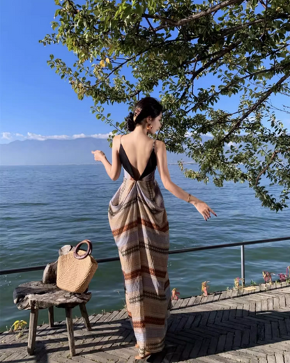 Boho-Inspired Spaghetti Strap Striped Maxi Dress Retro Flowy Plunge V-Neck Open-Back Long Dress AP1542