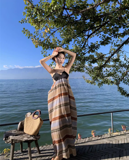 Boho-Inspired Spaghetti Strap Striped Maxi Dress Retro Flowy Plunge V-Neck Open-Back Long Dress AP1542