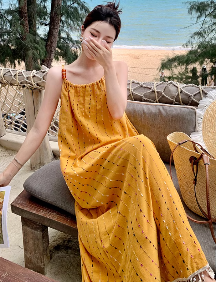 French Style Yellow Spaghetti Strap Striped Maxi Dress Chic Flowy Tassel Hem Long Dress AP1543