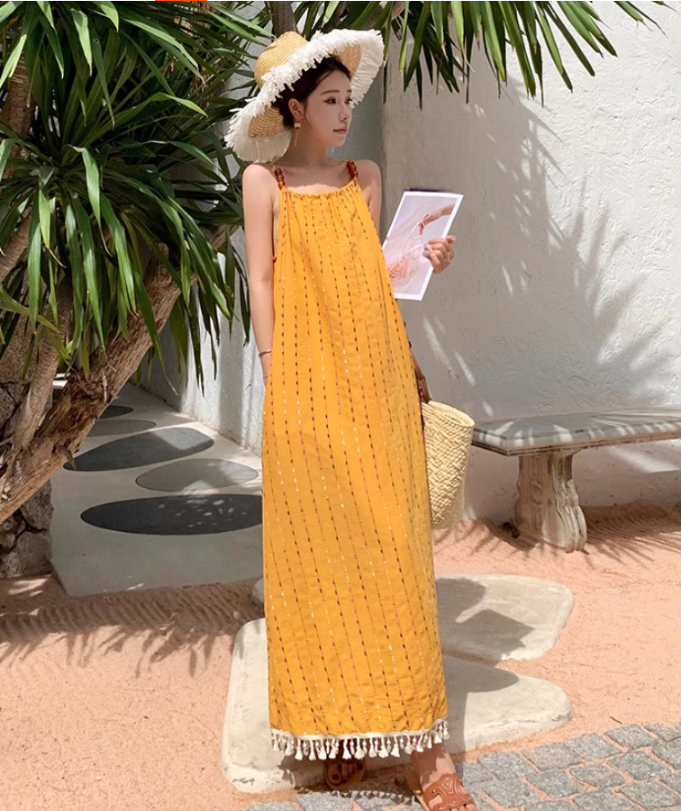 French Style Yellow Spaghetti Strap Striped Maxi Dress Chic Flowy Tassel Hem Long Dress AP1543
