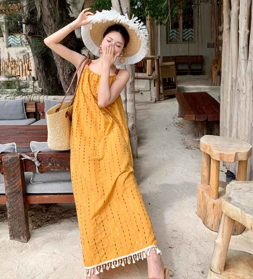 French Style Yellow Spaghetti Strap Striped Maxi Dress Chic Flowy Tassel Hem Long Dress AP1543
