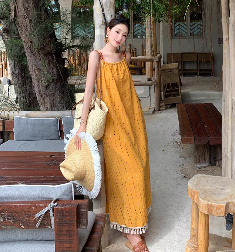 French Style Yellow Spaghetti Strap Striped Maxi Dress Chic Flowy Tassel Hem Long Dress AP1543
