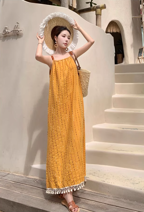 French Style Yellow Spaghetti Strap Striped Maxi Dress Chic Flowy Tassel Hem Long Dress AP1543