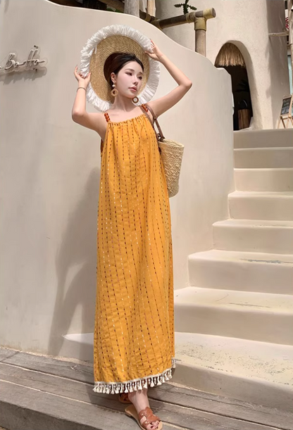 French Style Yellow Spaghetti Strap Striped Maxi Dress Chic Flowy Tassel Hem Long Dress AP1543