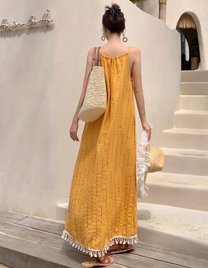 French Style Yellow Spaghetti Strap Striped Maxi Dress Chic Flowy Tassel Hem Long Dress AP1543