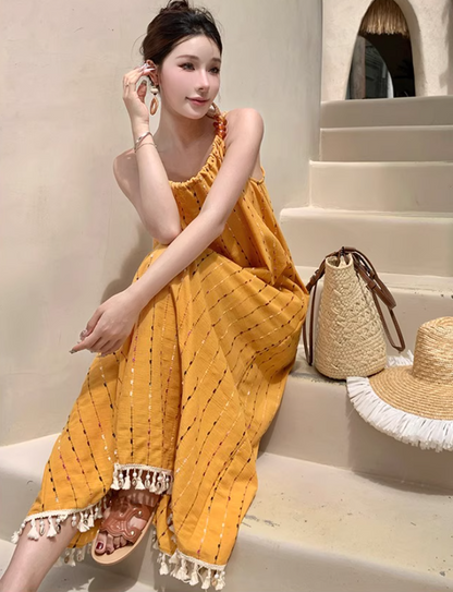 French Style Yellow Spaghetti Strap Striped Maxi Dress Chic Flowy Tassel Hem Long Dress AP1543
