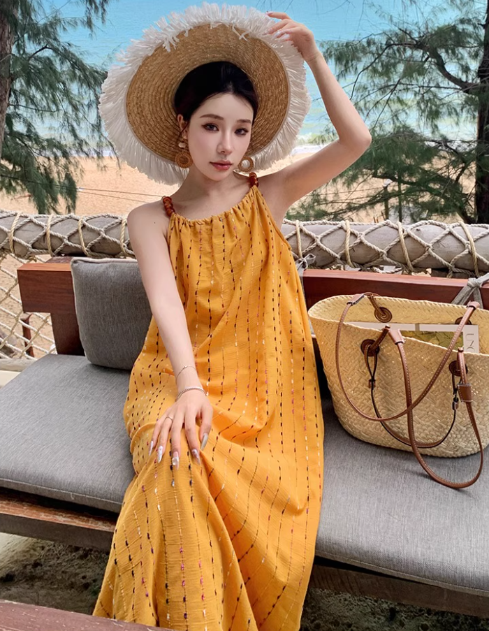 French Style Yellow Spaghetti Strap Striped Maxi Dress Chic Flowy Tassel Hem Long Dress AP1543