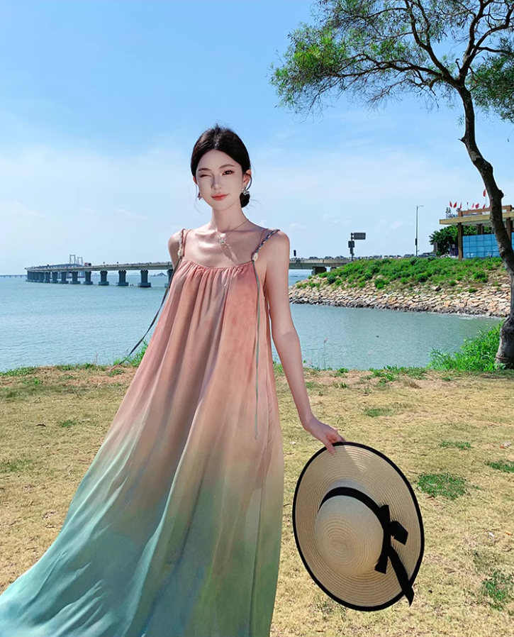 Dreamy Pink & Green Gradient Maxi Dress Charming Spaghetti Strap Flowy Long Dress AP1544