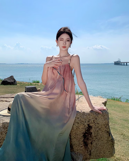 Dreamy Pink & Green Gradient Maxi Dress Charming Spaghetti Strap Flowy Long Dress AP1544