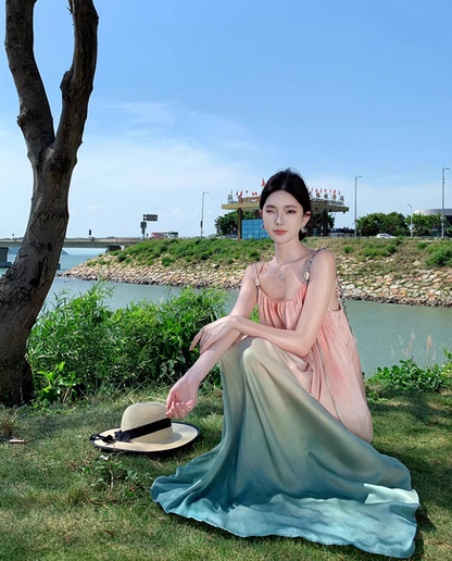 Dreamy Pink & Green Gradient Maxi Dress Charming Spaghetti Strap Flowy Long Dress AP1544
