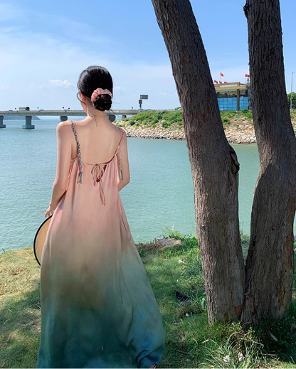 Dreamy Pink & Green Gradient Maxi Dress Charming Spaghetti Strap Flowy Long Dress AP1544