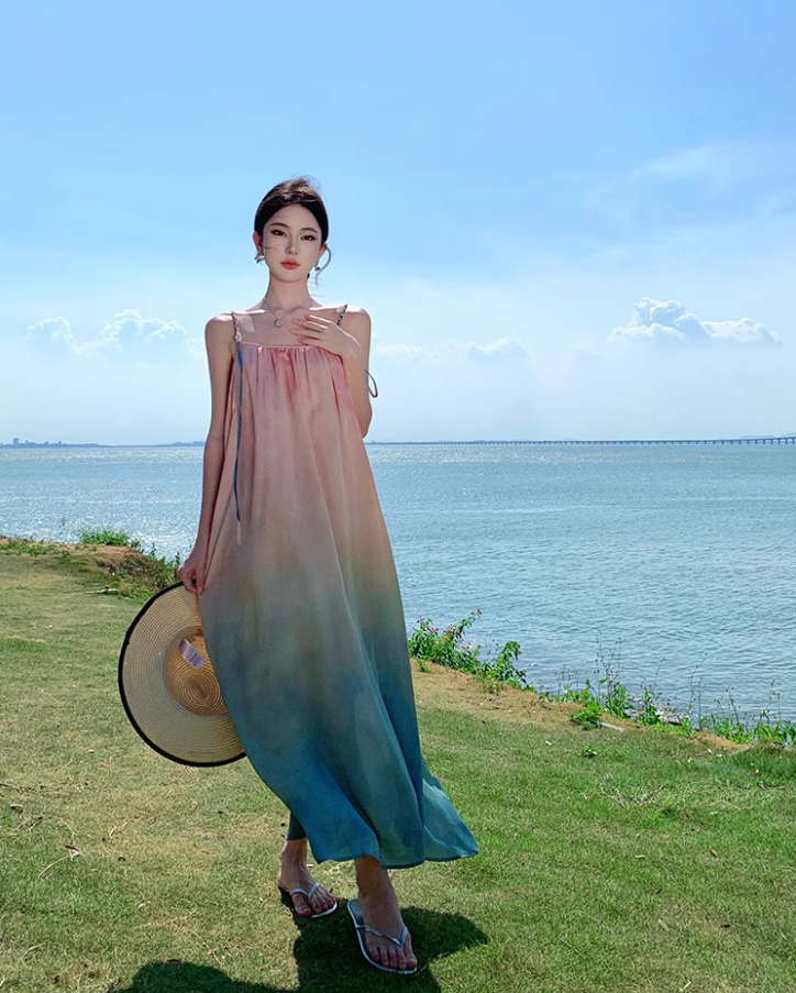 Dreamy Pink & Green Gradient Maxi Dress Charming Spaghetti Strap Flowy Long Dress AP1544