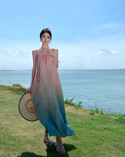 Dreamy Pink & Green Gradient Maxi Dress Charming Spaghetti Strap Flowy Long Dress AP1544