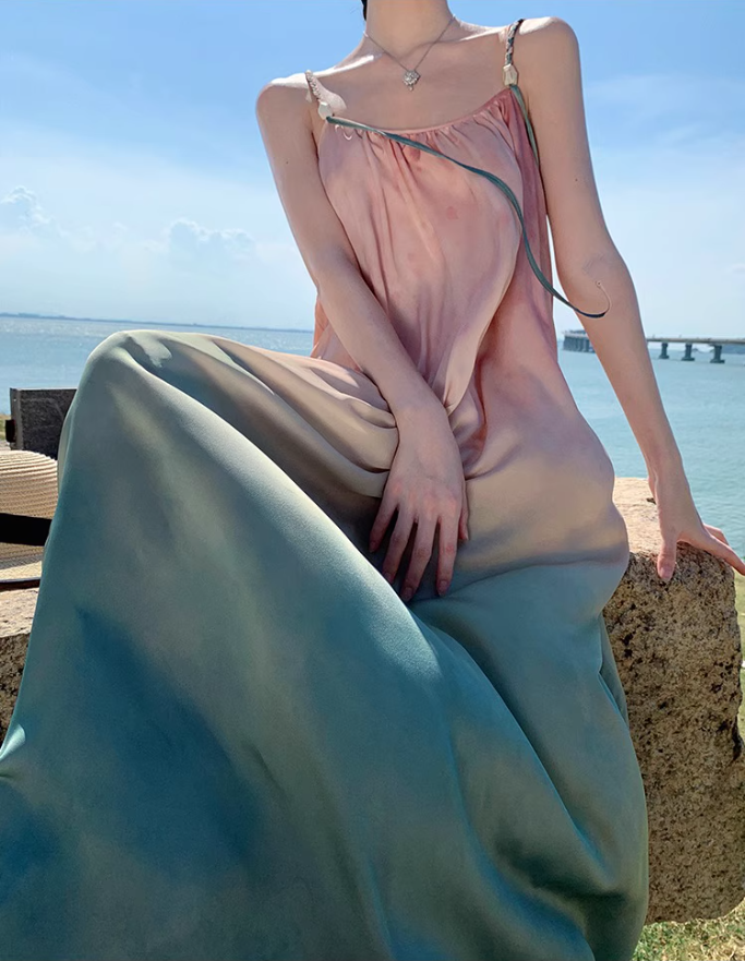 Dreamy Pink & Green Gradient Maxi Dress Charming Spaghetti Strap Flowy Long Dress AP1544