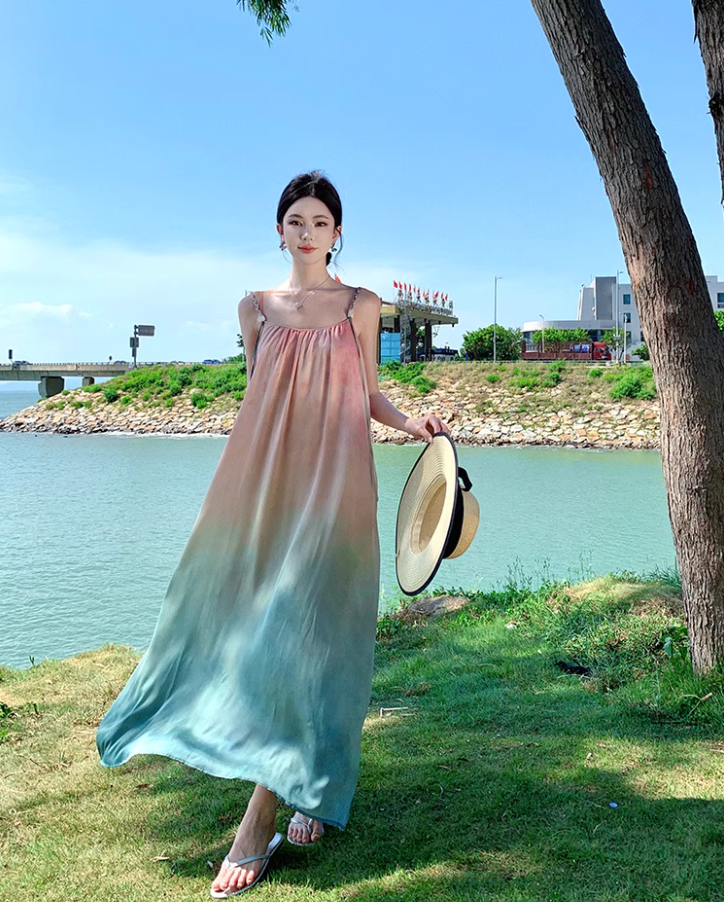 Dreamy Pink & Green Gradient Maxi Dress Charming Spaghetti Strap Flowy Long Dress AP1544
