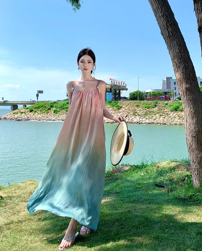 Dreamy Pink & Green Gradient Maxi Dress Charming Spaghetti Strap Flowy Long Dress AP1544