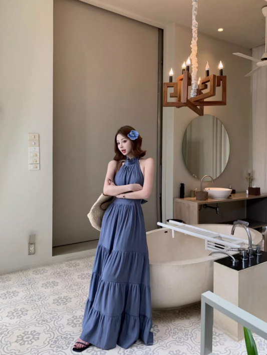 Elegant Slate Blue Tiered Hem Maxi Dress Retro Backless Sunny Casual Days Halter Long Dress AP1545