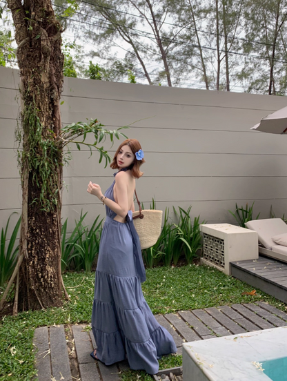 Elegant Slate Blue Tiered Hem Maxi Dress Retro Backless Sunny Casual Days Halter Long Dress AP1545