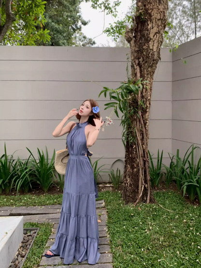 Elegant Slate Blue Tiered Hem Maxi Dress Retro Backless Sunny Casual Days Halter Long Dress AP1545