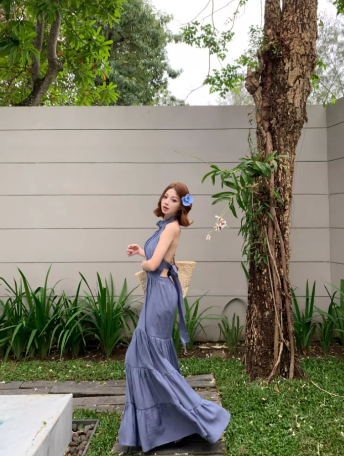 Elegant Slate Blue Tiered Hem Maxi Dress Retro Backless Sunny Casual Days Halter Long Dress AP1545