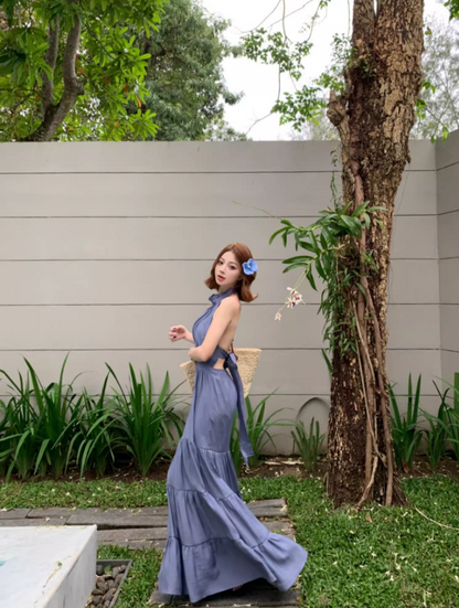 Elegant Slate Blue Tiered Hem Maxi Dress Retro Backless Sunny Casual Days Halter Long Dress AP1545