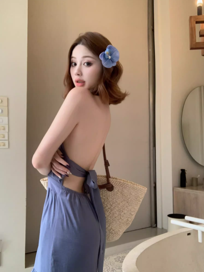 Elegant Slate Blue Tiered Hem Maxi Dress Retro Backless Sunny Casual Days Halter Long Dress AP1545