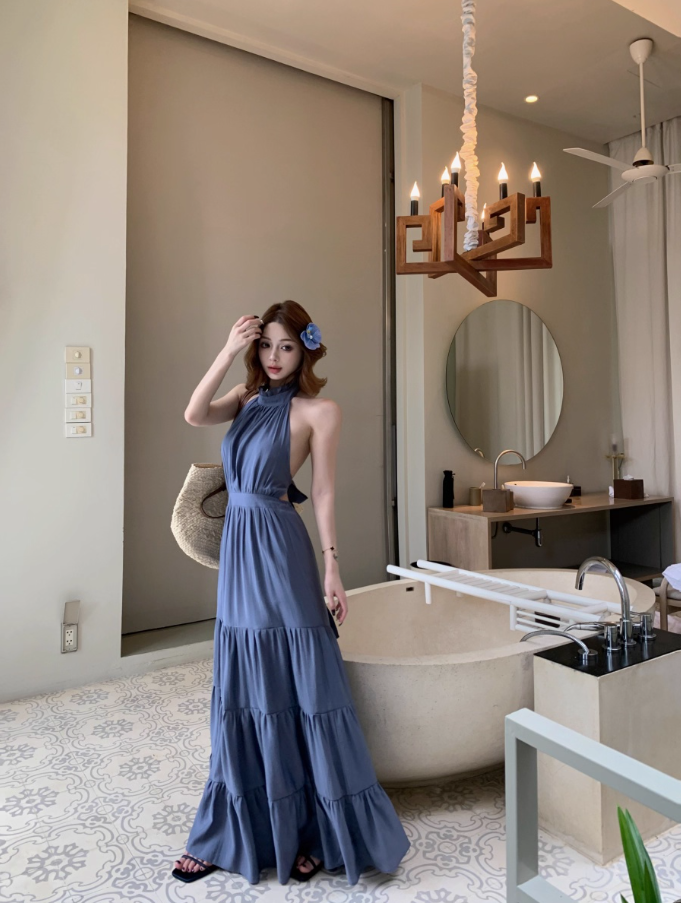 Elegant Slate Blue Tiered Hem Maxi Dress Retro Backless Sunny Casual Days Halter Long Dress AP1545