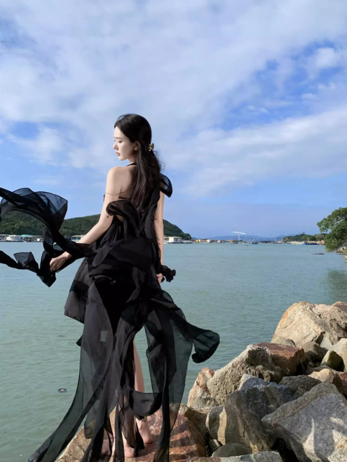 Dreamy Black Chiffon Flowy Ruffles Ribbon Maxi Dress Chic Asymmetric Hem Open-Back Halter Long Dress AP1546