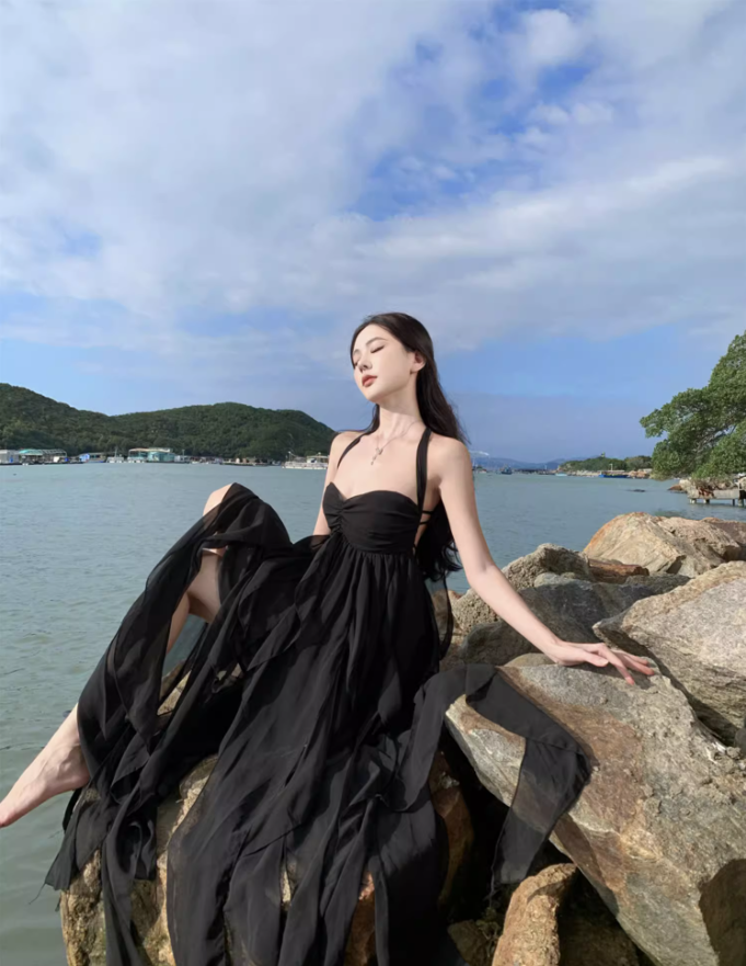 Dreamy Black Chiffon Flowy Ruffles Ribbon Maxi Dress Chic Asymmetric Hem Open-Back Halter Long Dress AP1546