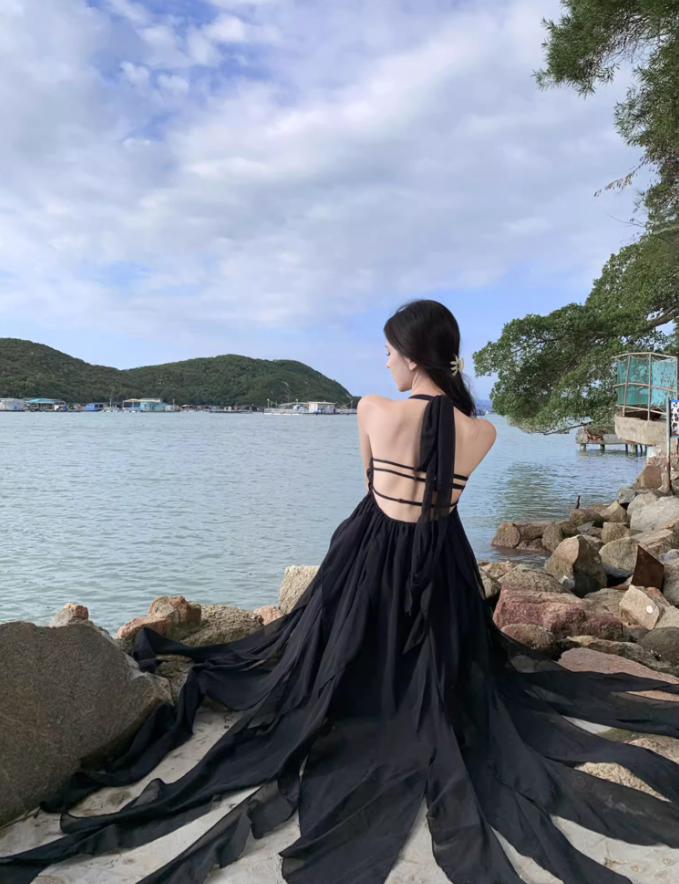 Dreamy Black Chiffon Flowy Ruffles Ribbon Maxi Dress Chic Asymmetric Hem Open-Back Halter Long Dress AP1546