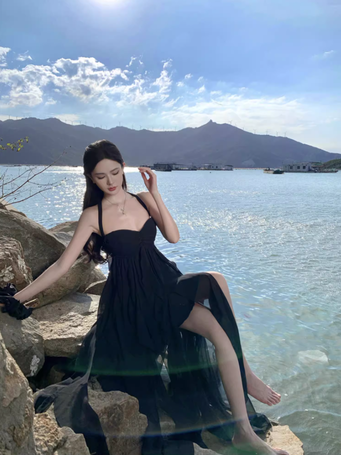 Dreamy Black Chiffon Flowy Ruffles Ribbon Maxi Dress Chic Asymmetric Hem Open-Back Halter Long Dress AP1546